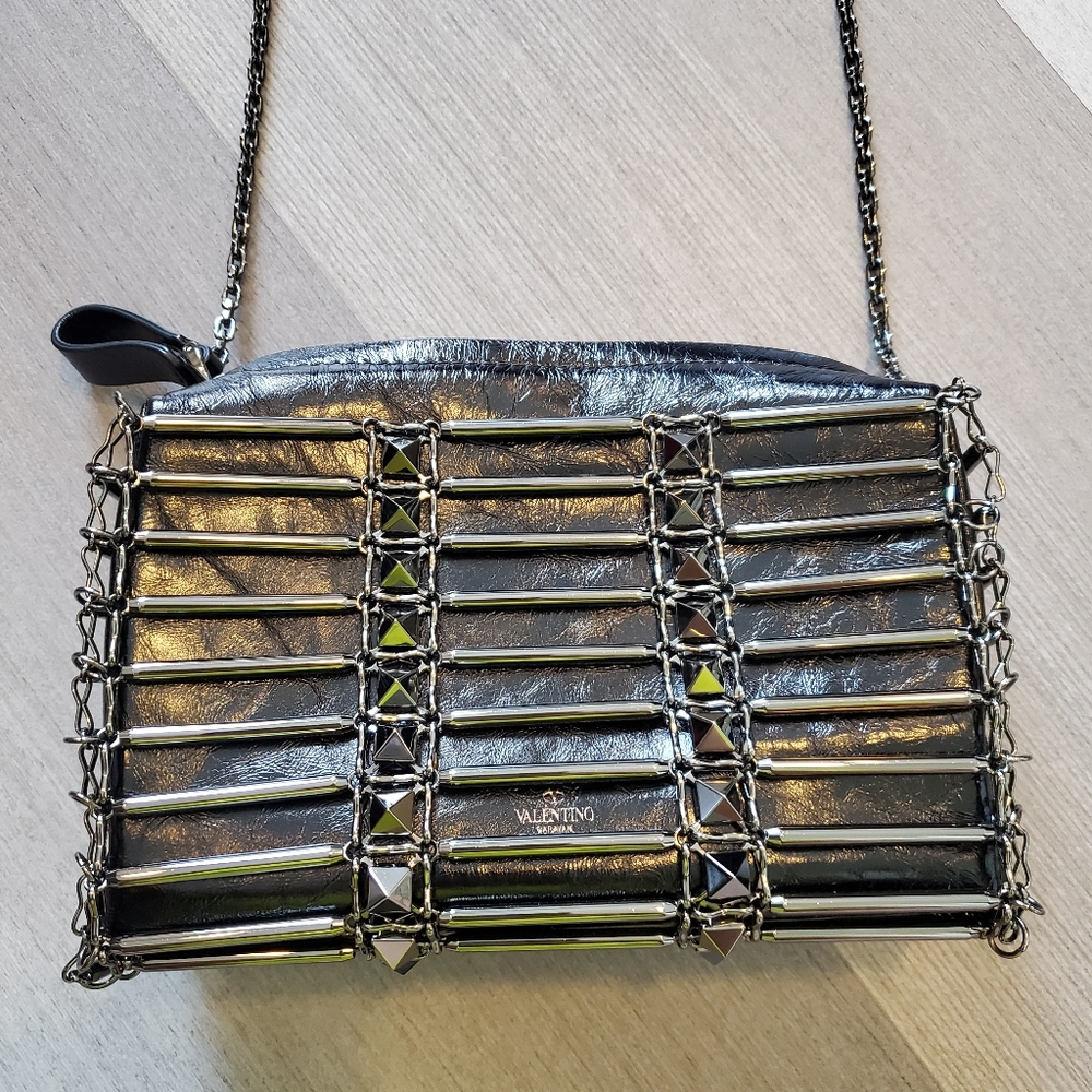 Valentino silver metallic clutch with chain strap